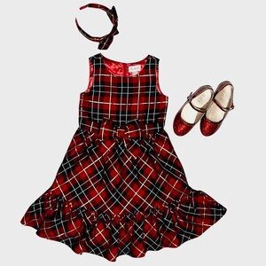 The Children’s Place Red Black Hold Plaid Dress Set Headband Sleeveless Bow 6X 7